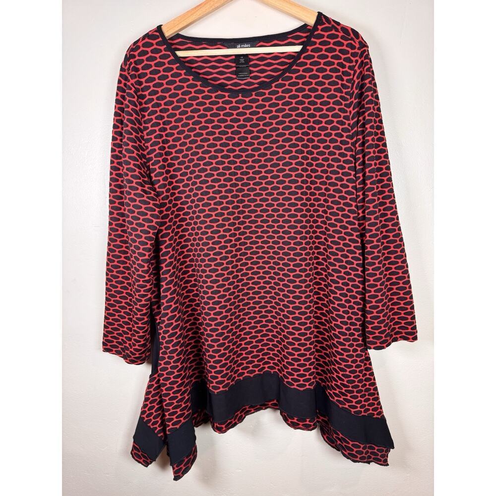 Ali Miles Womens Tunic Plus Size Asymmetrical Lagenlook Red Black Textured 1X